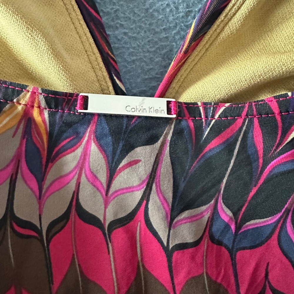 Calvin Klein Womens Pink Purple Chevron Leaf V-Neck One Piece Swimsuit Size 12 - Picture 3 of 7